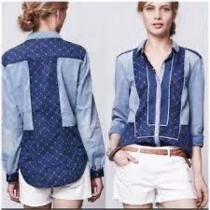 Holding Horses Anthropologie Blue Patchwork Snap Western Denim Shirt